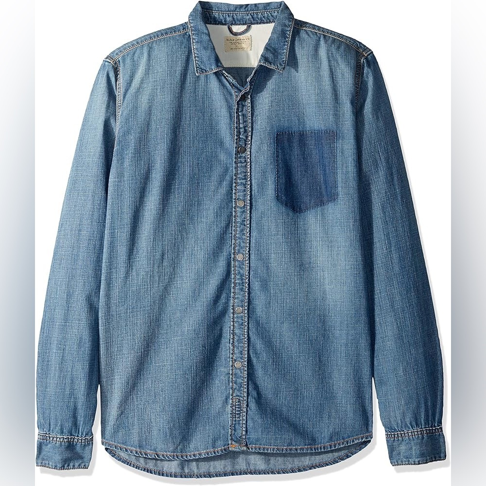 Nudie Jeans Shirt Denim Henry Ripped Pocket Button Down Size Small